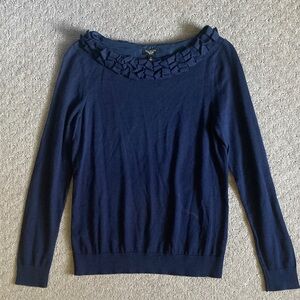 TALBOTS navy silk-blend ruffle neck sweater, Small Petite.
